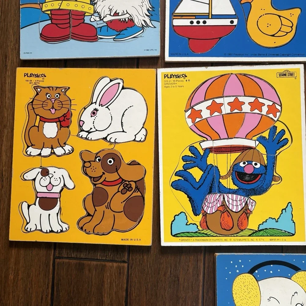 Lot of 8 Vintage Playskool Wooden Peg Puzzles Complete Grover Robotman USA